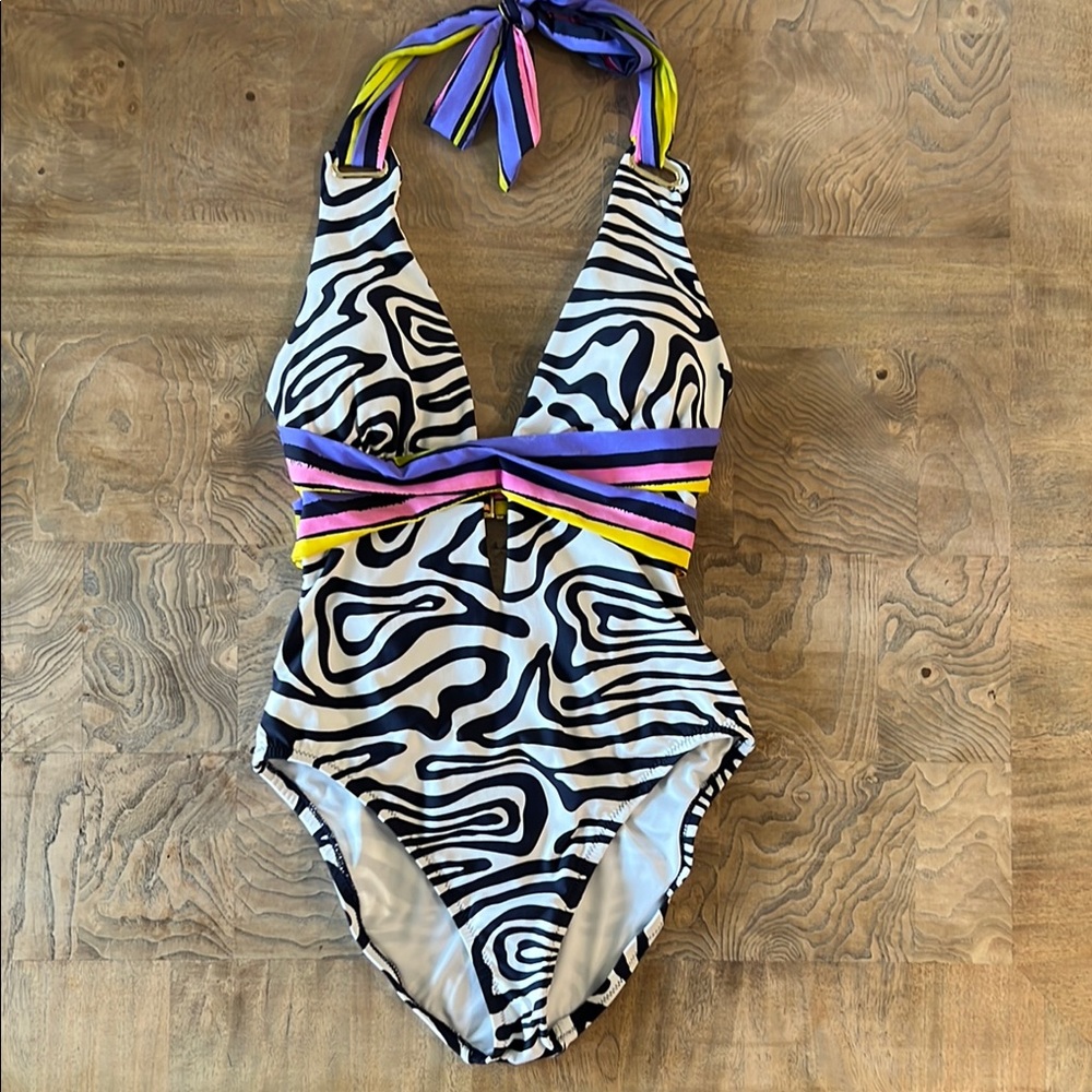 Trina Turk Plunge Black and White One Piece Swimsuit with Zebra Print size 6 EUC
